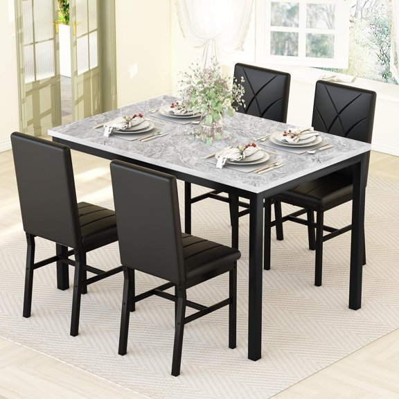 Recaceik Dining Table Set for 4, Faux Marble Kitchen Table Chairs Set of 4 with PU Leather Dynamic Upward Pattern Chairs, Small Kitchen Table for Dining Room and Apartment (Black Line)