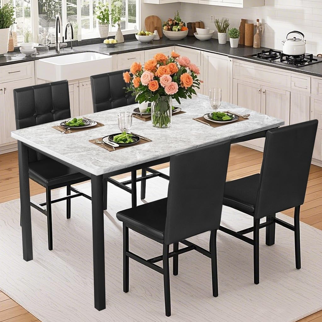 Recaceik Dining Table Set for 4, Faux Marble Kitchen Table Chairs Set ...
