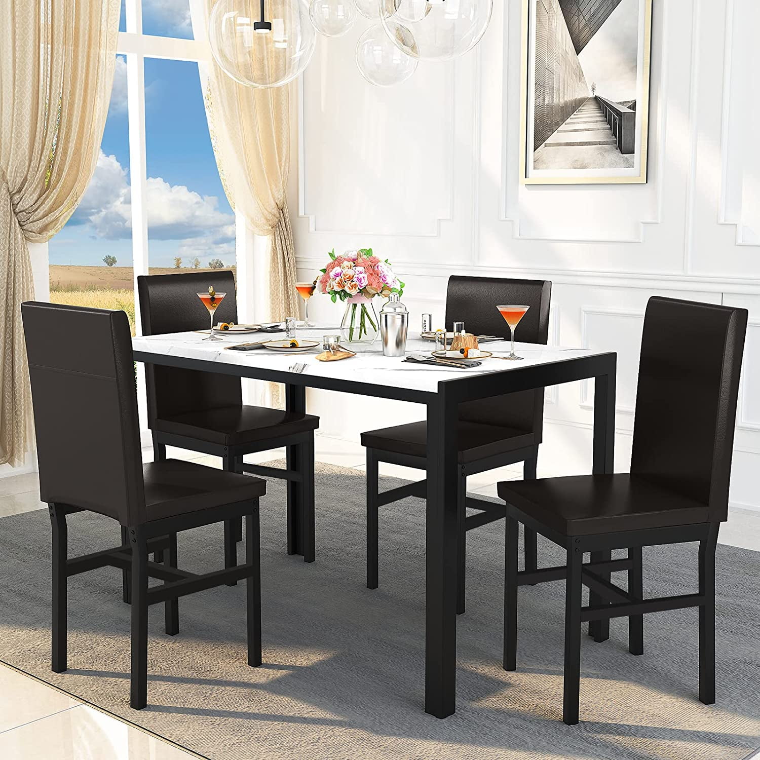 Recaceik 5 Piece Dining Set, Faux Marble Table with 4 PU Leather Chairs ...