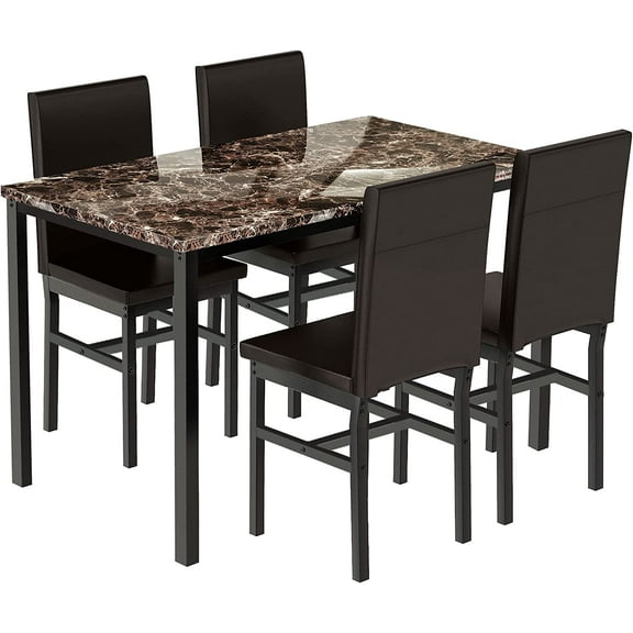 Recaceik Dining Table Set for 4, Kitchen and Chairs with Faux Marble Tabletop & 4 Leather Upholstered Room, Breakfast Nook, Compact Space, Dinette Set, Brown+Brown, 47.2'' LX27.5'' WX30.7'' H
