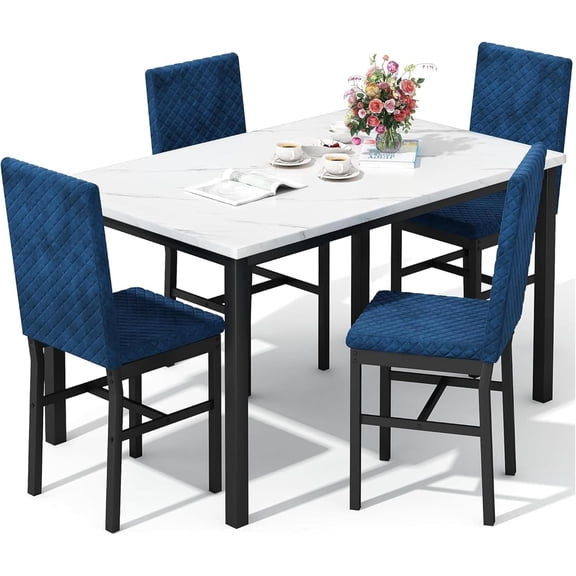 Recaceik Dining Table Set for 4, Kitchen Table and Chairs Set of 4 Modern Faux Marble Dinner Tabletop with Upholstered Velvet Chairs for Apartment Small Space