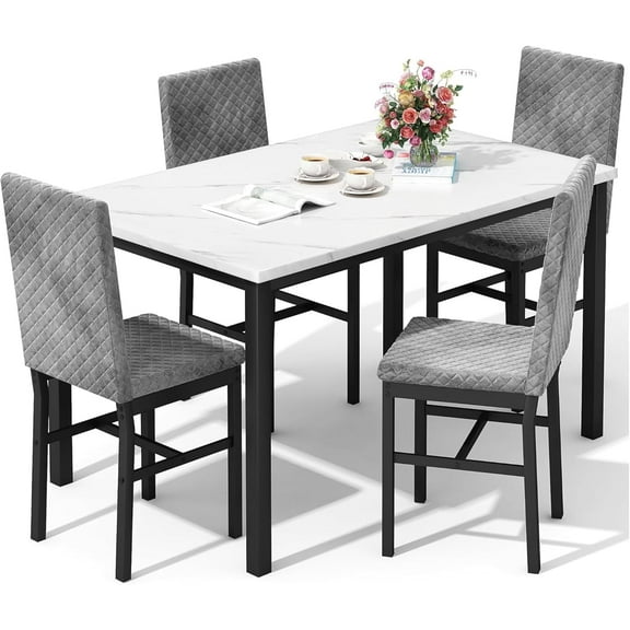 Recaceik Dining Table Set for 4, Kitchen Table and Chairs Set of 4 Modern Faux Marble Dinner Tabletop with Upholstered Velvet Chairs for Apartment Small Space