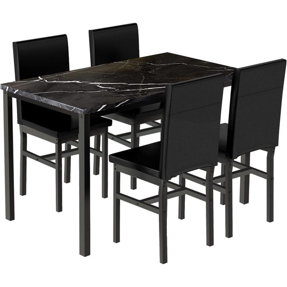 Recaceik Dining Table Set for 4, Kitchen Table and Chairs Set with Faux Marble Tabletop & 4 Leather Upholstered Chairs for Kitchen Dining Room, Breakfast Nook, Compact Space, Dinette Set, Black+Black