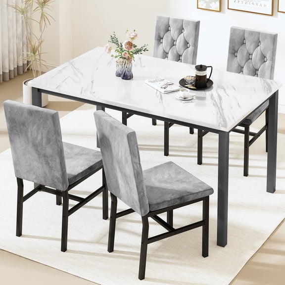 Cvortll 5-Piece Dining Table Set for 4, Faux Marble Kitchen Table and 4 Button Tufted PU Leather Chairs, Modern Dining Room Table Set for Small Spaces,White & Gray