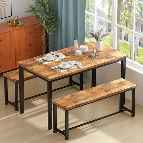 Recaceik Dining Table Set with Two Benches, Kitchen Table Set for 4-6 Persons,Rustic Brown