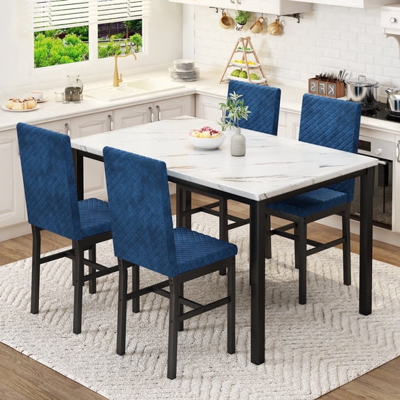 Cvortll Dining Table Set for 4,Faux Marble Kitchen Table with Velvet Upholstered Chairs,Small Dining Room Sets for Small Space Apartment Home,Blue