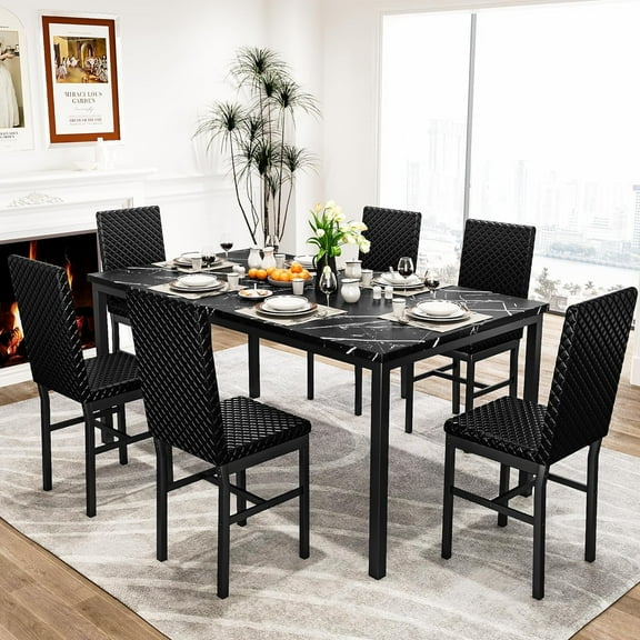 Recaceik Durable and Sturdy Construction 7 Piece Adult Modern Marble Dining Table with Chair Black