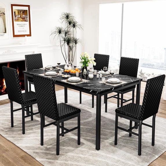 Cvortll Durable and Sturdy Construction 7 Piece Adult Modern Marble Dining Table with Chair Black