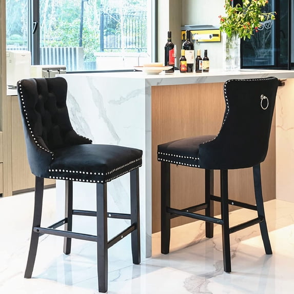Recaceik Farmhouse Kitchen Island Stools Set of 2, Velvet Tufted Upholstered Counter 27.2'' Height Bar Stools with Back and Footrest