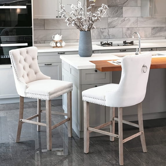 Cvortll Farmhouse Kitchen Island Stools Set of 2, Velvet Tufted Upholstered Counter 27.2'' Height Bar Stools with Back and Footrest