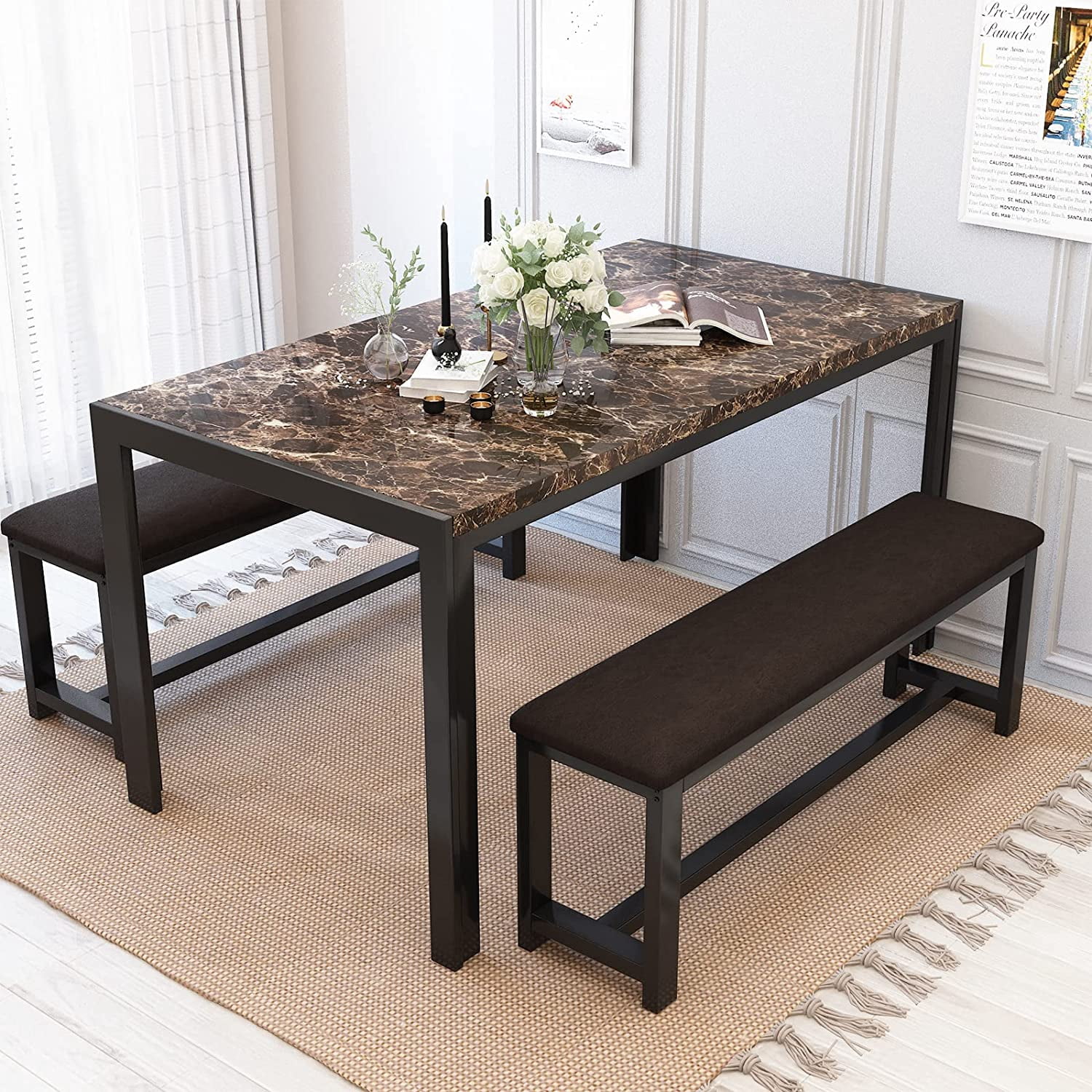 Recaceik 3-Piece Faux Marble Dining Table & 2 PU Leather Benches ...