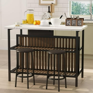 Recaceik Kitchen Island With Seating, Wooden Counter 33"Height Table with Storage Kitchen Table Set for 2