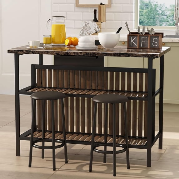 Cvortll Kitchen Island With Seating, Wooden Counter 33"Height Table with Storage Kitchen Table Set for 2