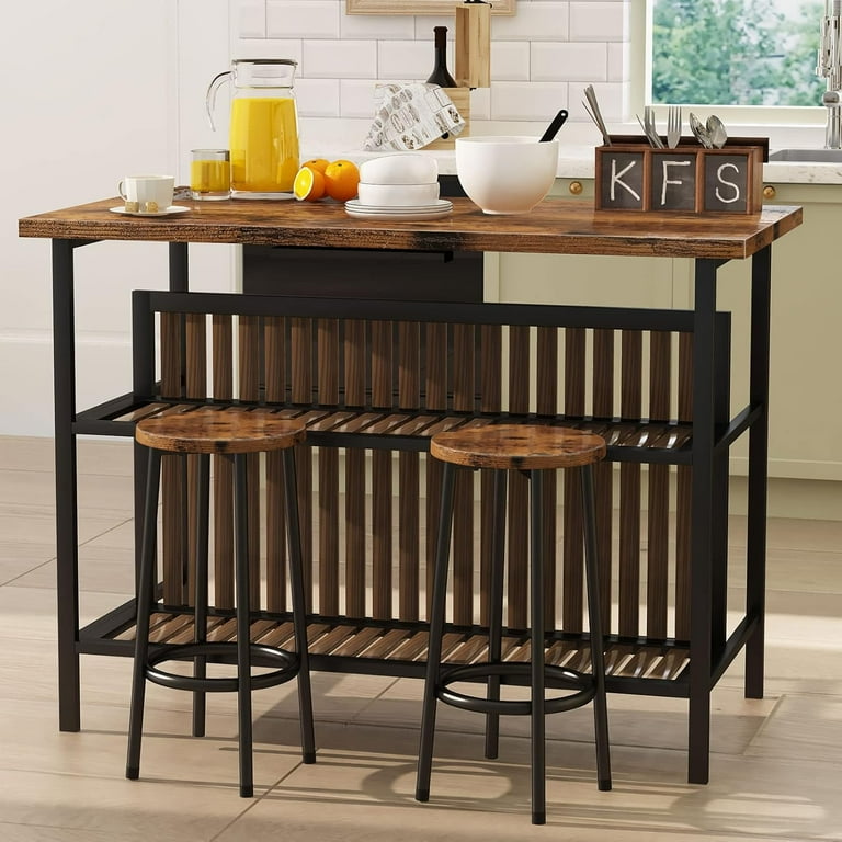 Recaceik 3 Piece Kitchen Island Set 33 Height Wooden Counter with Storage Seating for 2 Walmart