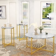 Cvortll Living Room Coffee Table Set, Faux Marble Table Top with Metal Legs
