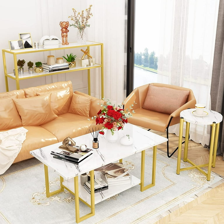 Recaceik Mid Century Coffee Table Set of 3 Faux Marble Coffee Table And End Table Sets