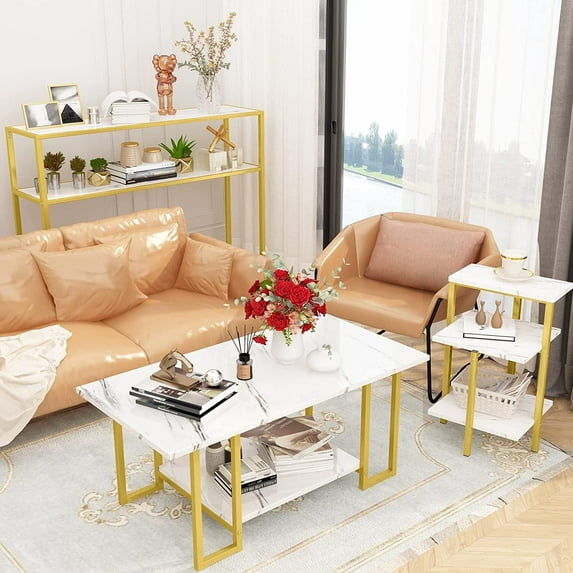 Cvortll Mid-Century Coffee Table Set of 3, Faux Marble Coffee Table And End Table Sets