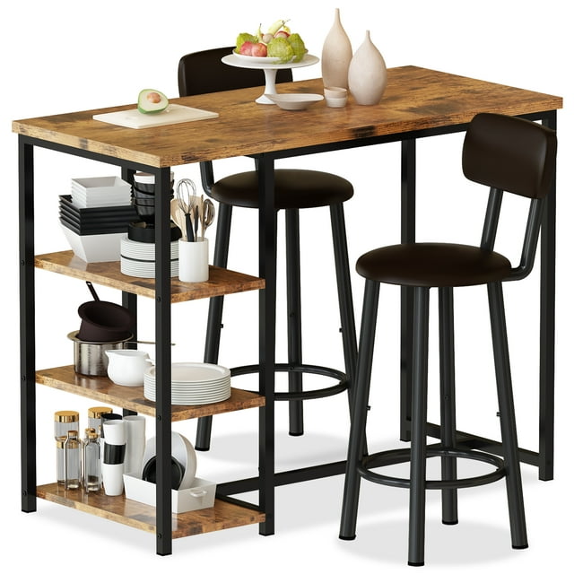 Recaceik Modern 36.2“H Bar Table and 2 PU Leather Barstools with 3 Storage Shelve