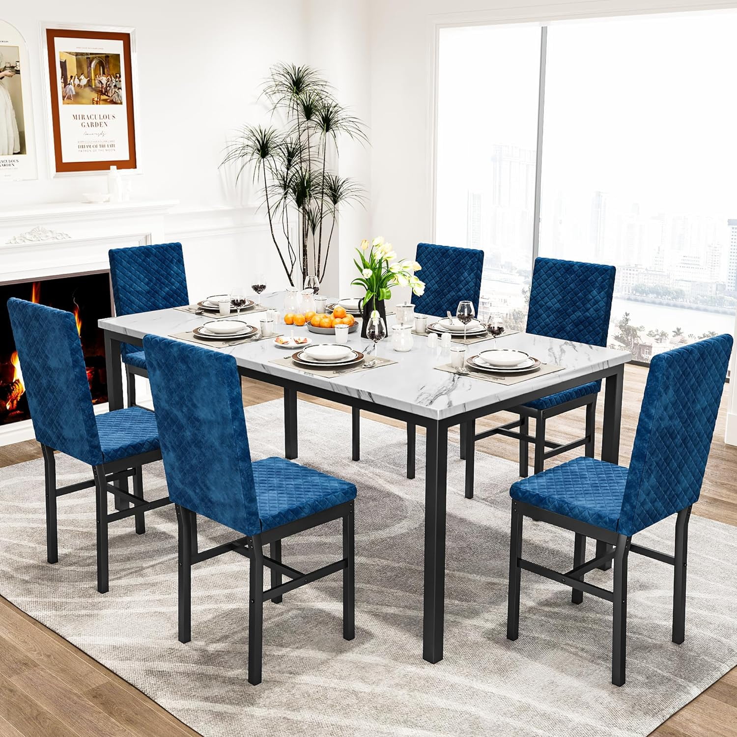 Recaceik Modern Indoor 7 Piece Dining Table for Six, Faux Marble ...