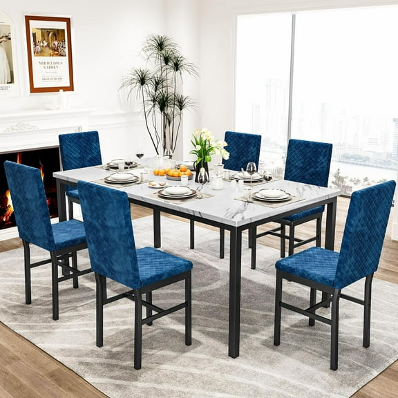 Recaceik Modern 7 Piece Dining Room Faux Marble Velvet Chairs Sets for 6, Blue