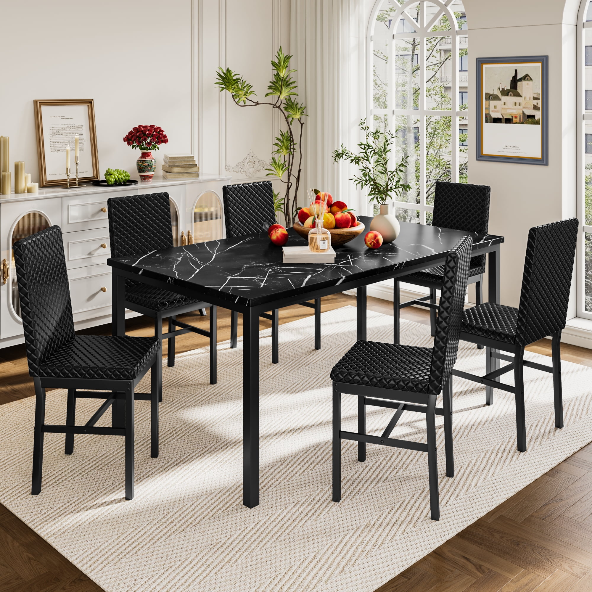Recaceik Modern 6 Seater Dining Room Set Faux Marble Table PU Leather Chairs Black Walmart