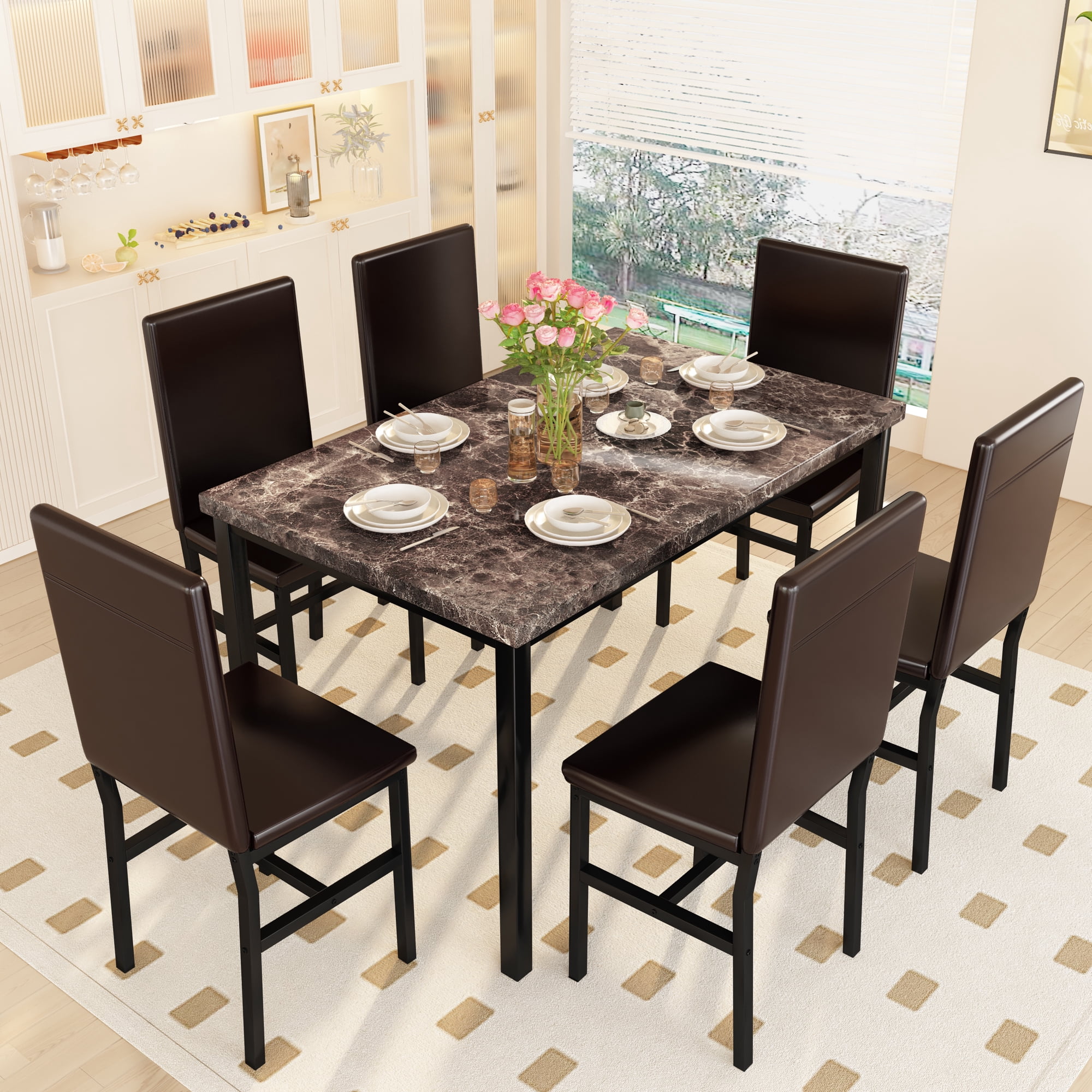Recaceik Modern Faux Marble 6-Seater Dining Room Set with PU Leather ...