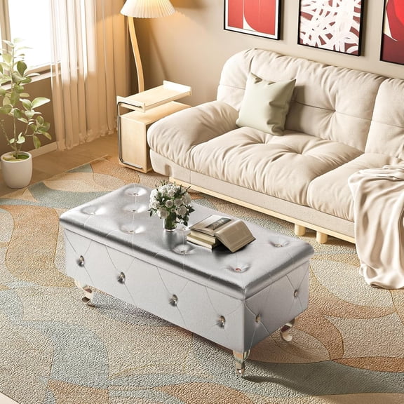 Recaceik Ottoman with Storage, Storage Ottoman Bench for Bedroom, Leather Bench with Storage, Upholstered End of Bed Storage Bench for Bedroom, Living Room, Entryway, Window, Silver