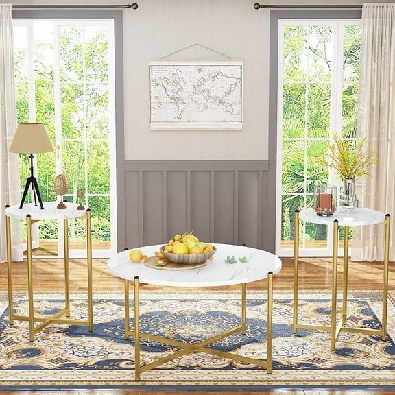 Recaceik Round Coffee Table Set of 3, Faux Marble Table Set Living Room Tables & 2 Accent End Tables