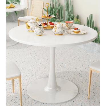 Recaceik Round Dining Table, 31" Elegant Tulip Table Round with MDF Tabletop and Metal Base, Kitchen Living Room Home Office, White