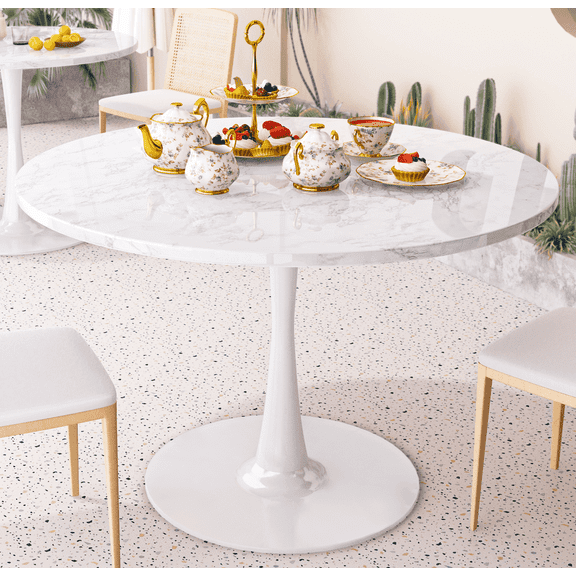 Cvortll Round Dining Table, 31" Elegant Tulip Table Round with Marble Dining Table and Metal Base, Kitchen Living Room Home Office, White