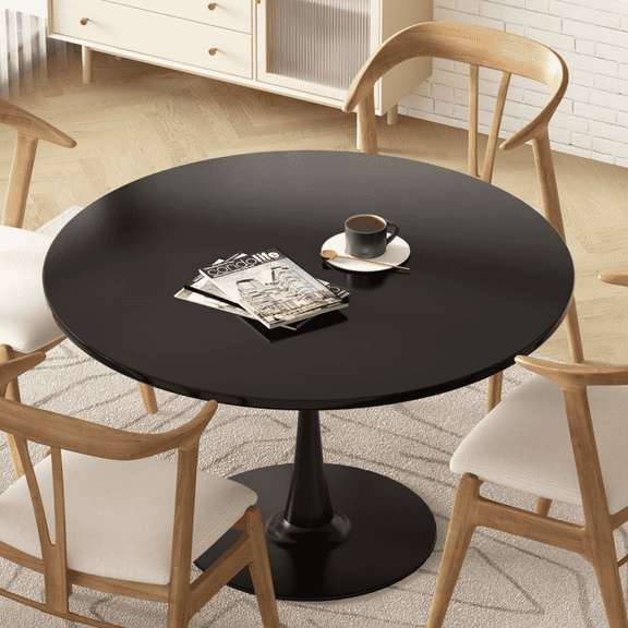 Cvortll Round Dining Table, 42" Elegant Tulip Table Round with MDF Tabletop and Metal Base, Kitchen Living Room Home Office, Black