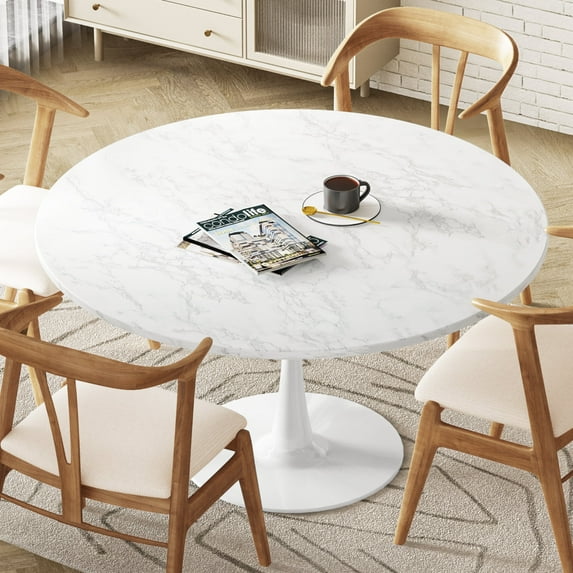 Cvortll Round Dining Table, 42" Elegant Tulip Table Round with Marble Dining Table and Metal Base, Kitchen Living Room Home Office, White