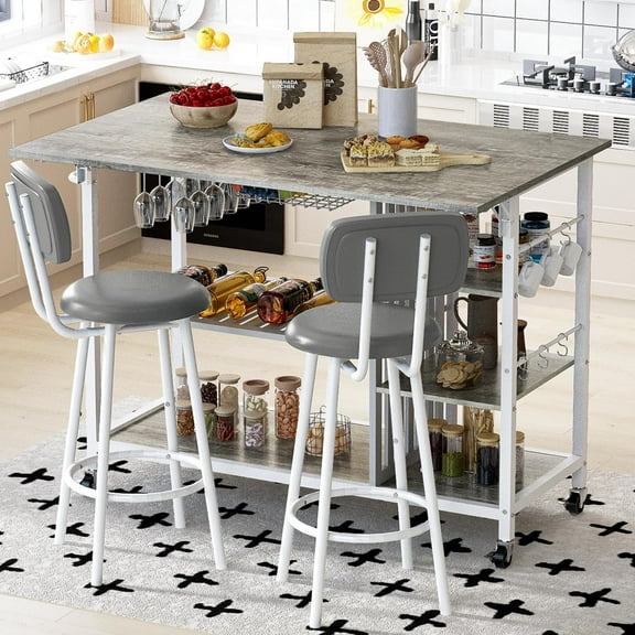 Recaceik Small Kitchen Island Table for 2 with Storage & Seating, Drop Leaf Dining Table Set for Small Space (Grey)