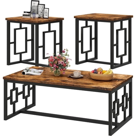 Recaceik Square Hollow 3 Piece Living Room Wooden Coffee Table Set, Two End Slides Rustic Brown