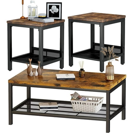 Cvortll 3-Piece Coffee Table Set with Storage, Rustic Brown Wood & Black Metal Industrial Living Room Table Set