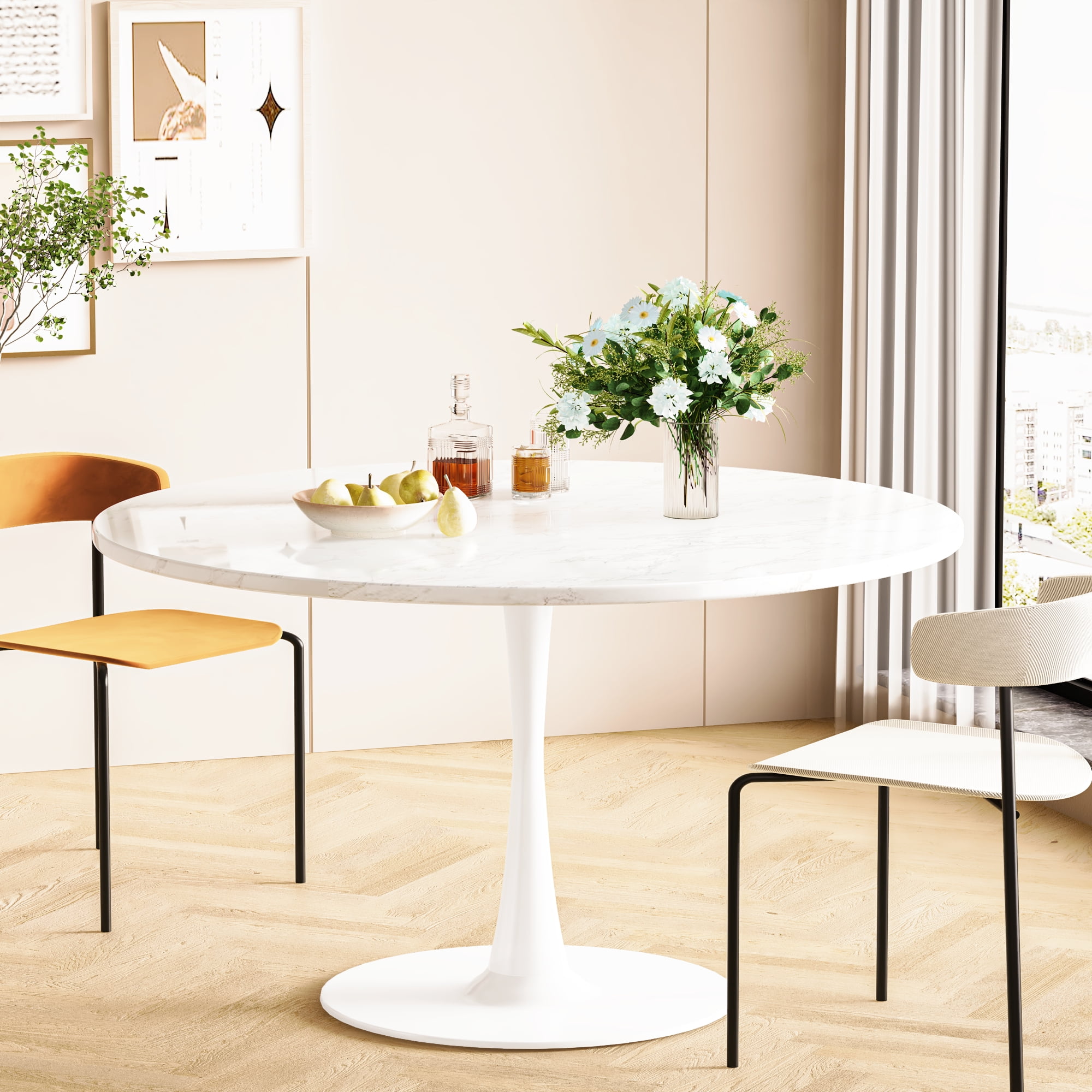 Recaceik White Tulip Table, 42 inch Marble Round Dining Table with Faux