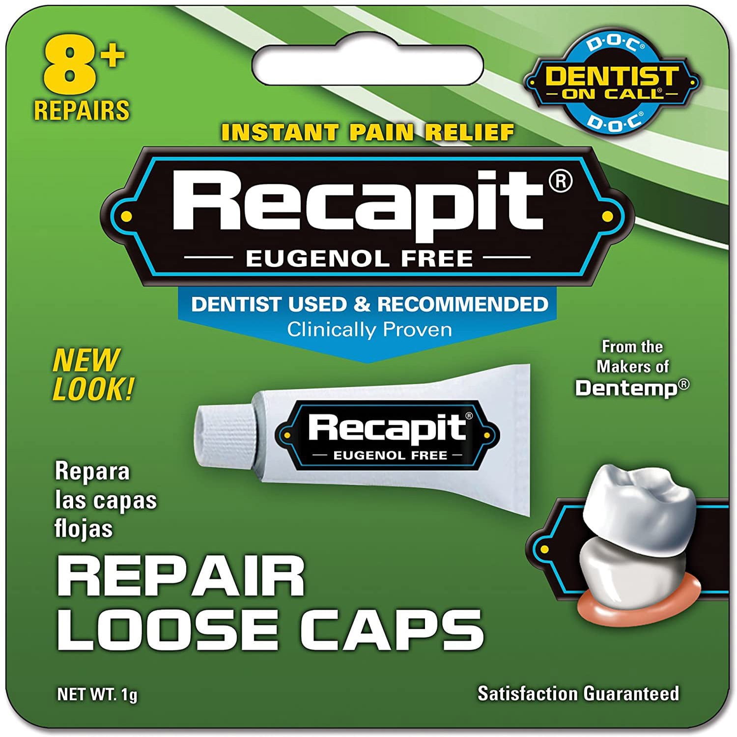 Recapit Eugenol Free, Repair Loose Caps Instant Pain Relief 1g, 2 Pack