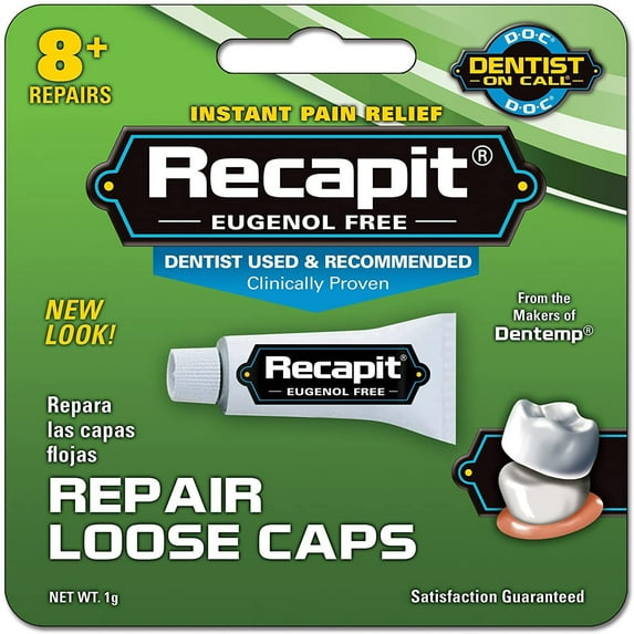 Recapit Eugenol Free, Repair Loose Caps Instant Pain Relief 1g, 2 Pack