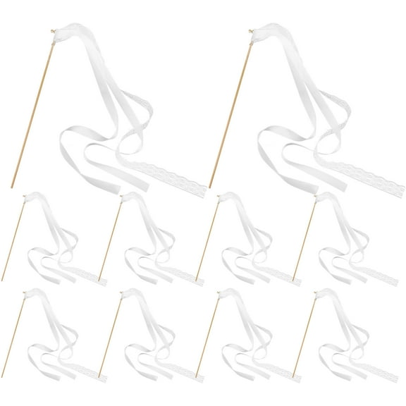 Recardis 10pcs White Wedding Delicate Ribbon Streamers Fairy Stick Cheer Props Party Supplies Favors With Golden Bell Random Style