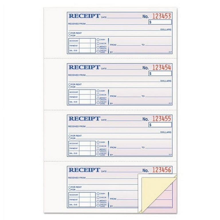 Receipt Book, Three-Part Carbonless, 7.19 x 2.75, 4 Forms/Sheet, 100 Forms Total Receipt Book, Three-Part Carbonless, 7.19 x 2.75, 4 Forms/Sheet, 100 Forms Total