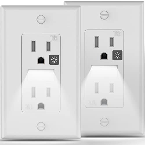 Receptacle Outlet with Night Light,Tamper Resistant Electrical Wall Outlets,Residential Grade, 3-Wire, Self-Grounding, 2-Pole,15A 125V, Wall Plates Included,Glossy White(2 Pack)