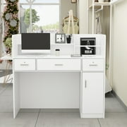Reception Center Executive Office Desk , Computer Desk with 3 Drawers, Canbiet and Hutch Shelf, White