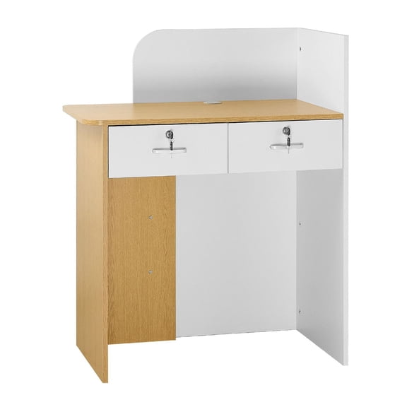 Reception Desk 31.5 inch, Modern Office Counter with LED, 2 Drawers & Outlets, Retail Checkout Table for Lobby, Salon, Office, White Finish