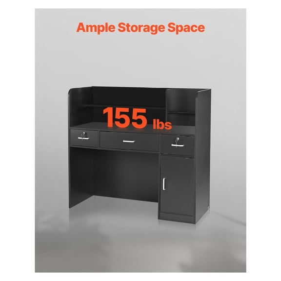 Reception Desk 47 Inch, Rectangular Front Counter for Office Lobby, Lockable Drawer & Storage Cabinet, Checkout Counter for Salon & Retail, Black