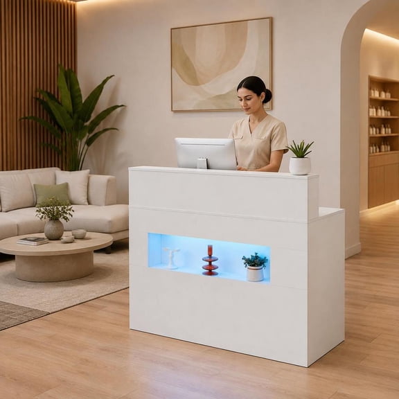 Reception Desk, 47-inch Rectangular Front Counter Table with LED Light, 2 Drawers and Power Outlets for Office, Lobby, Salon