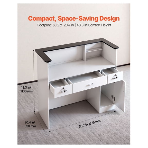 Reception Desk 50 inch Modern Front Counter Table with LED Light Strip, 3 Drawers & Cabinets, White Rectangular Receptionist Desk for Office Lobby Salon Retail