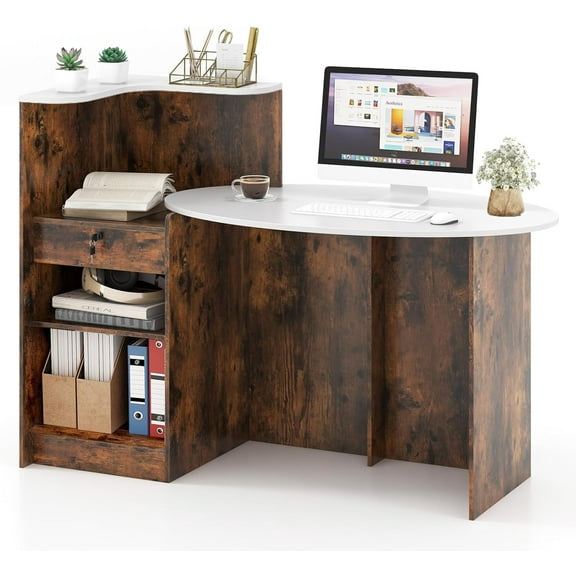 Reception Desk, 54" Large Retail Checkout Counter with Lockable Drawer and Open Shelves, Wooden Front Desk Reception Counter, Oval Desktop & L Counter for Store Office Lobby Salon