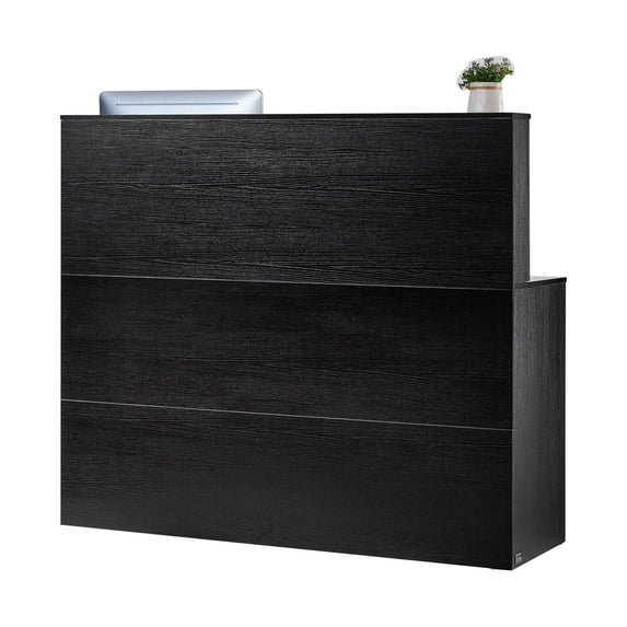 Reception Desk, 55-Inch L-Shaped Front Counter Table with Drawer Keyboard Tray & Storage Cabinet, Ideal for Checkout, Lobby, Beauty Salon, and Office Use, Black
