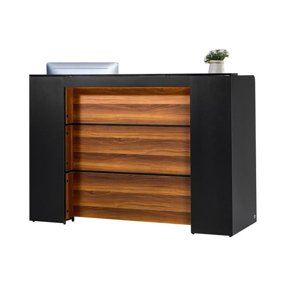 Reception Desk 62 Inch, Front Counter with LED Light, Office Receptionist Desk for Lobby, Checkout, Salon - Black & Brown