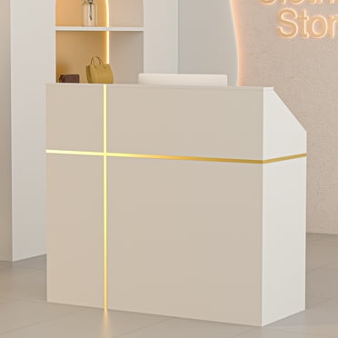 Reception Desk with Counter, Modern Front Table Equipped Lockers & Storage Shelves, 48-inch Checkout Counter with DIY Stripe for Lobbies, Salons, Retail, Home Offices, Reception Room